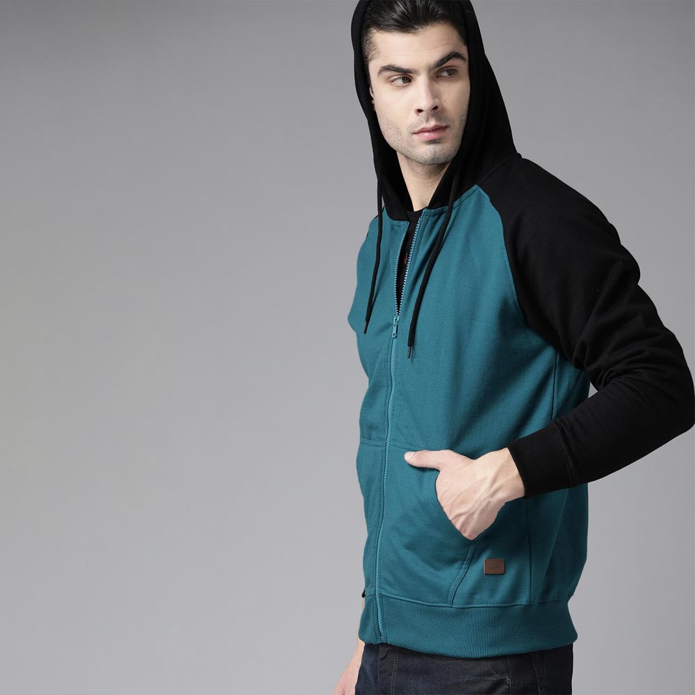 Men Teal Blue & Black Solid Hooded Sweatshirt