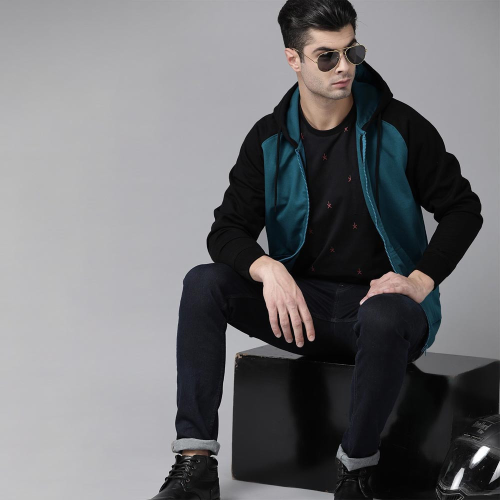 Men Teal Blue & Black Solid Hooded Sweatshirt