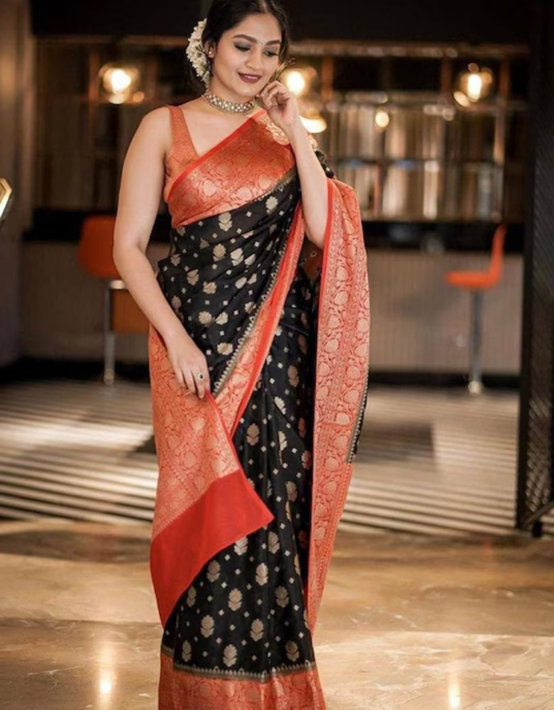 Floral Motif Woven Design Zari Bordered Kanjeevaram Pure Silk Saree