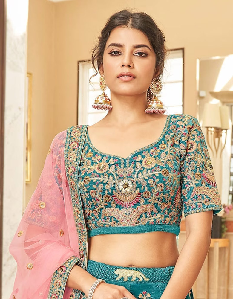 Teal & Pink Embroidered Thread Work Semi-Stitched Lehenga & Unstitched Blouse With Dupatta