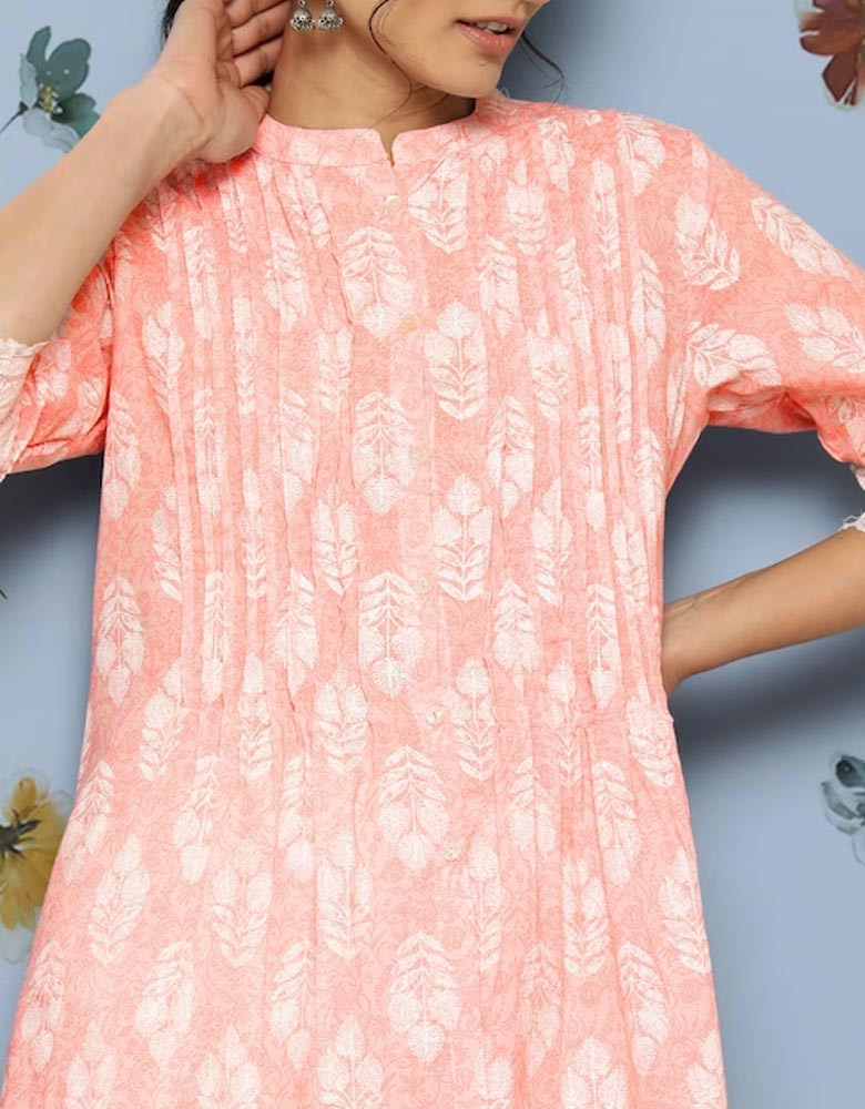 Ethnic Motifs Printed Pleated Detail A-Line Tunic with Lace Insert Detail