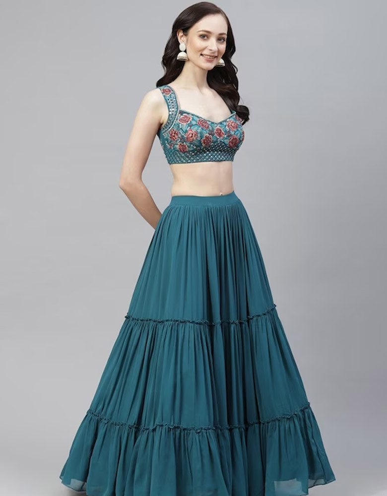 Women Teal & Red Semi-Stitched Lehenga & Unstitched Blouse With Dupatta