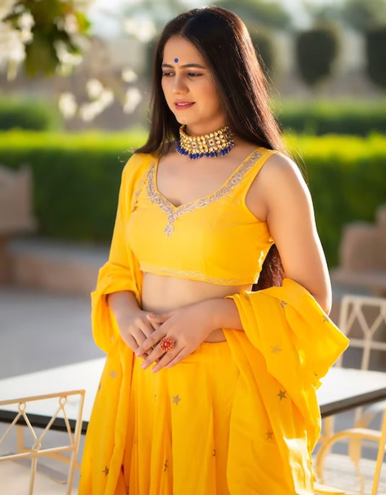 Yellow & Gold-Toned Embroidered Block Print Lehenga Choli With Dupatta