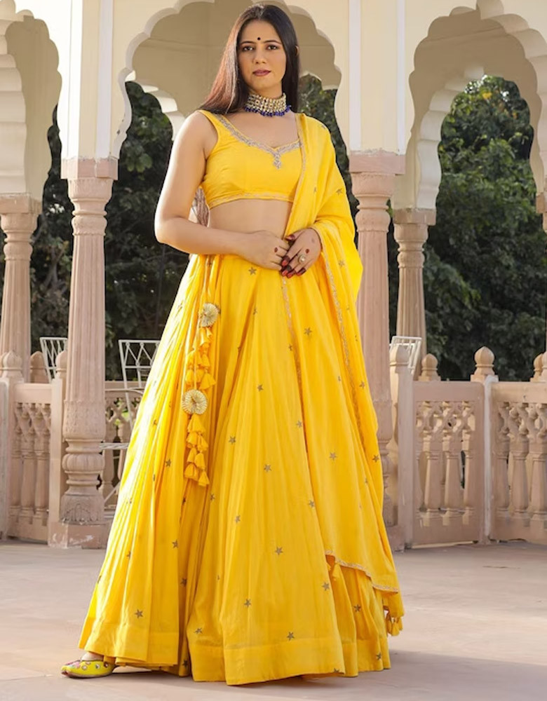 Yellow & Gold-Toned Embroidered Block Print Lehenga Choli With Dupatta