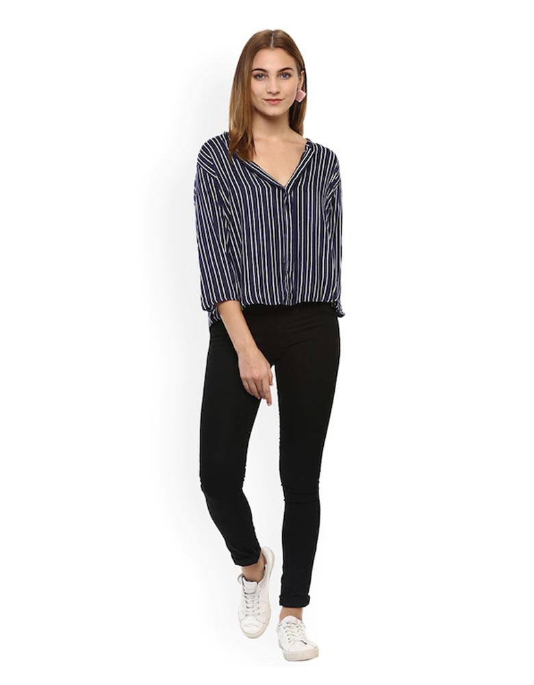 Navy Blue Striped A-Line Top