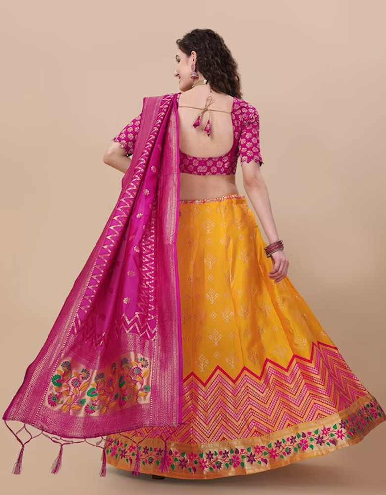 Yellow & Pink Banarasi Silk Semi-Stitched Lehenga Choli