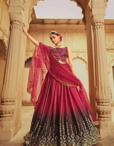 Magenta & Purple Embroidered Thread Work Semi-Stitched Lehenga & Unstitched Blouse With Dupatta