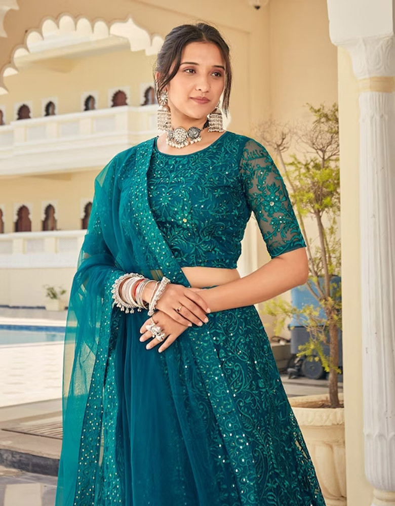 Blue Embellished Sequinned Semi-Stitched Lehenga & Unstitched Blouse With Dupatta