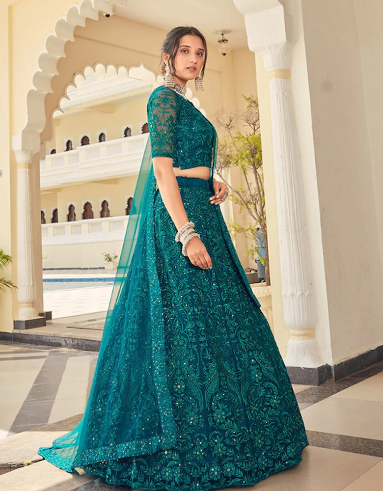 Blue Embellished Sequinned Semi-Stitched Lehenga & Unstitched Blouse With Dupatta