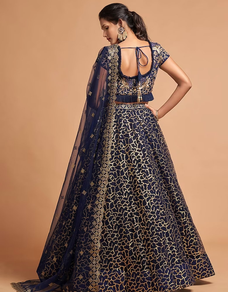 Navy Blue & Gold-Toned Embroidered Kalamkari Semi-Stitched Lehenga & Unstitched Blouse With Dupatta