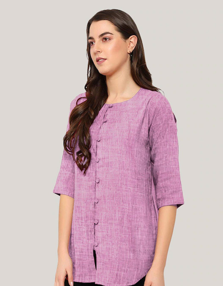 Women's Purple Solid Cotton Linen Tunic Round Neck Button Tops