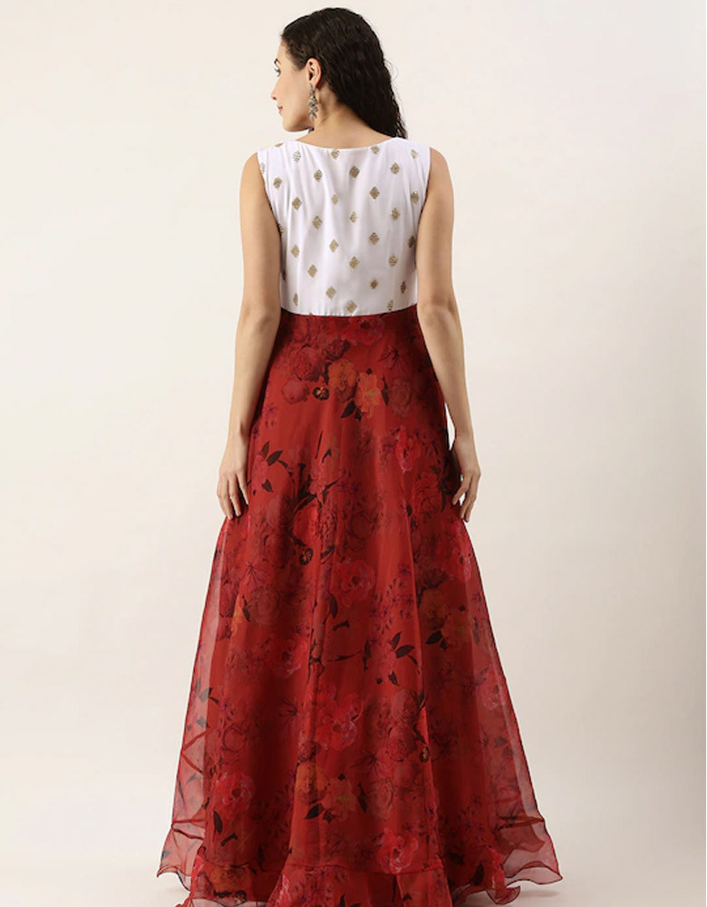 Women Red Floral Embroidered Maxi Dress