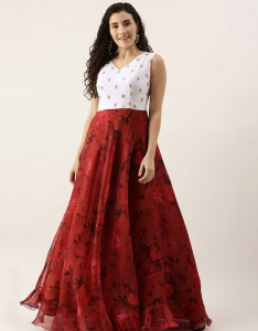 Women Red Floral Embroidered Maxi Dress