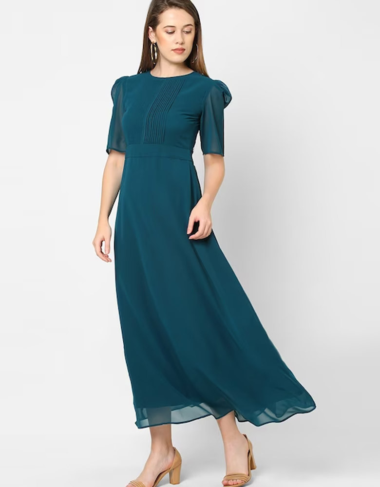 Women Teal Green Pleated Maxi Dress