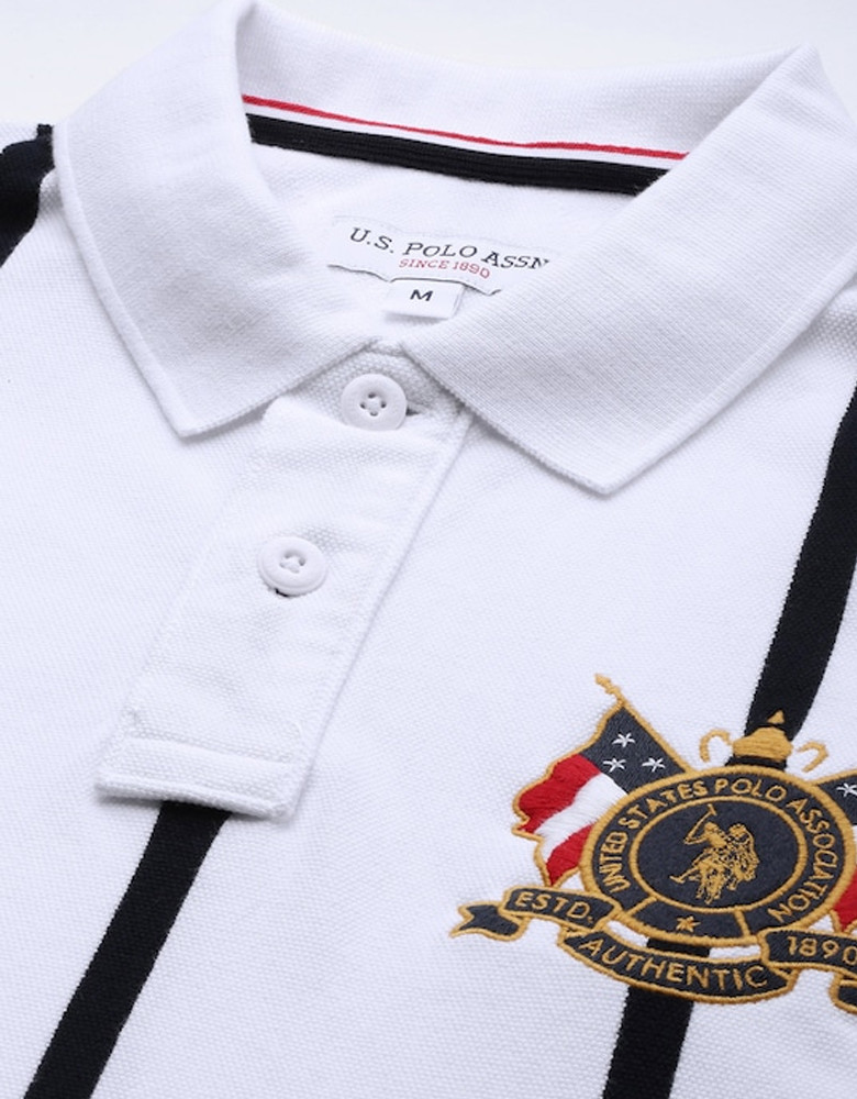 U S Polo Assn Men White & Black Striped Polo Collar Pure Cotton Slim Fit T-shirt