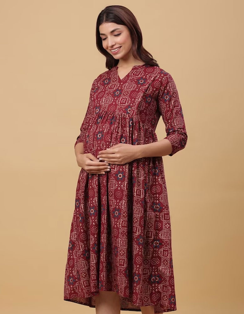 Maroon Floral Maternity Empire Midi Dress