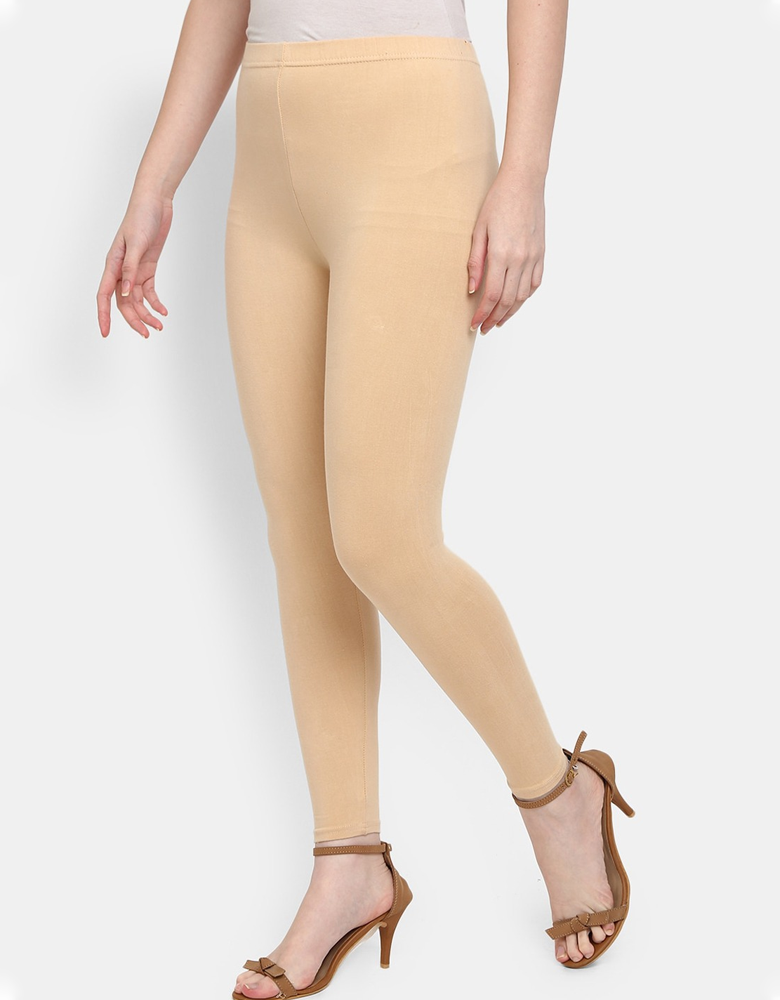 Women Beige Solid Leggings