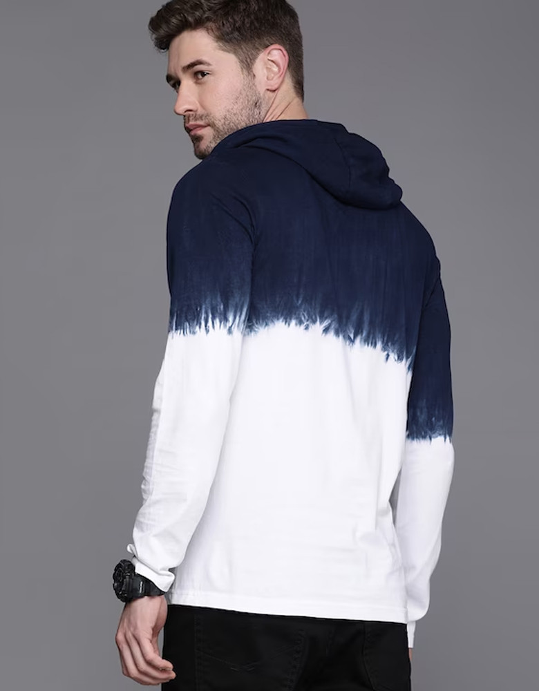 Men Navy Blue White Colourblocked Slim Fit Hooded Pure Cotton T-shirt