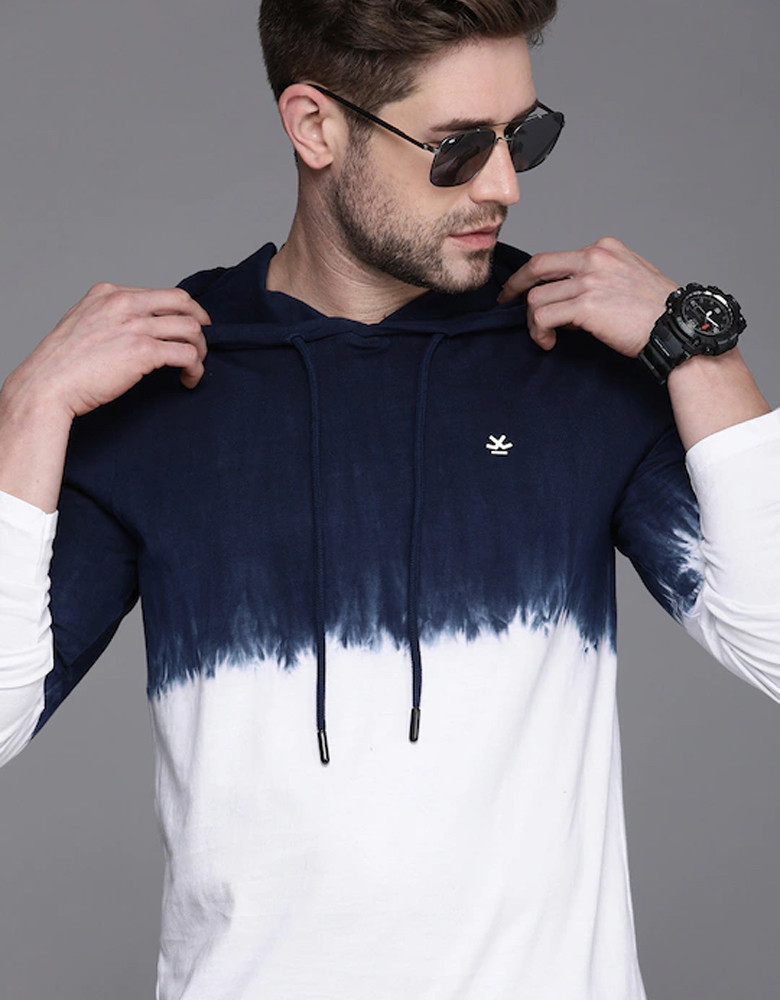 Men Navy Blue White Colourblocked Slim Fit Hooded Pure Cotton T-shirt