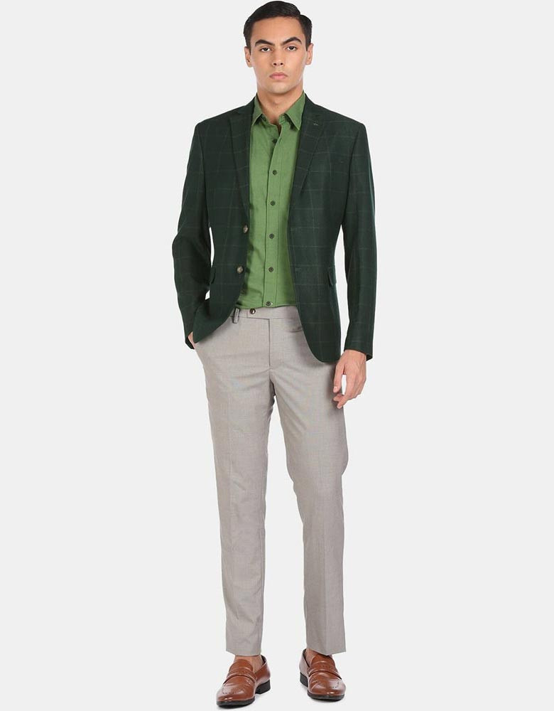 Men Green Checked Single Breasted Blazer