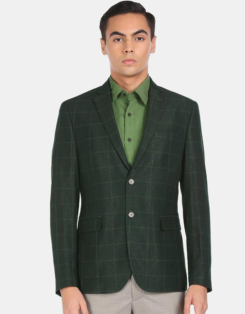 Men Green Checked Single Breasted Blazer