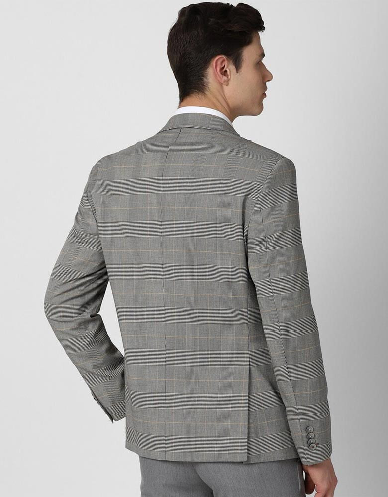 Men Grey Checked Slim-Fit Single Breasted Blazer