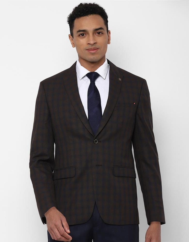 Men Brown & Navy Blue Checked Slim-Fit Formal Blazer