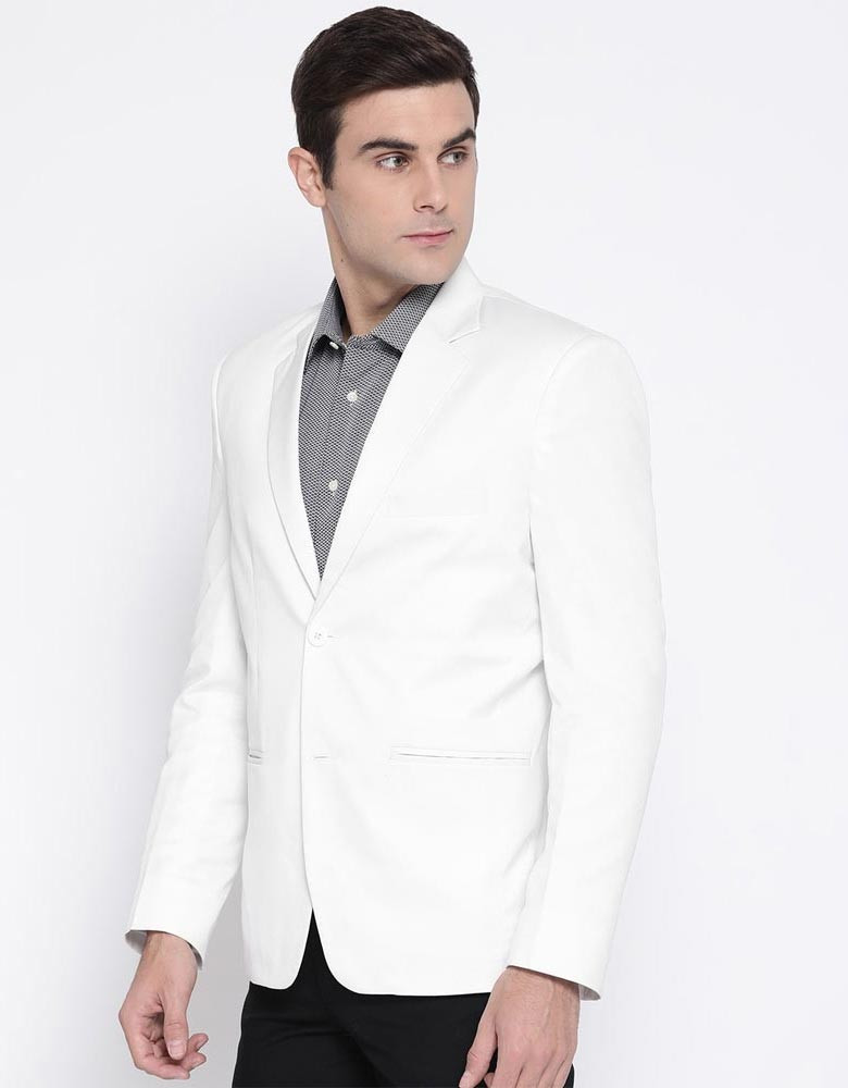 Men White Solid Twill Slim Fit Single-Breasted Formal Blazer