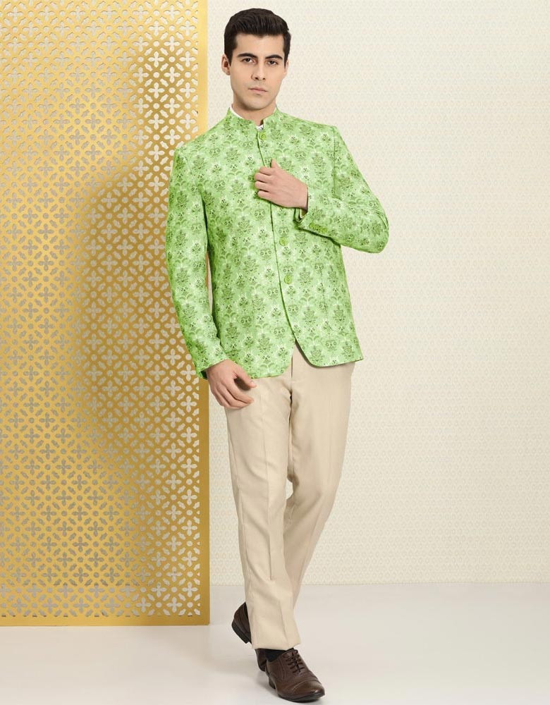 Men Lime Green Ethnic Motifs Printed Linen Bandhgala Ethnic Blazer