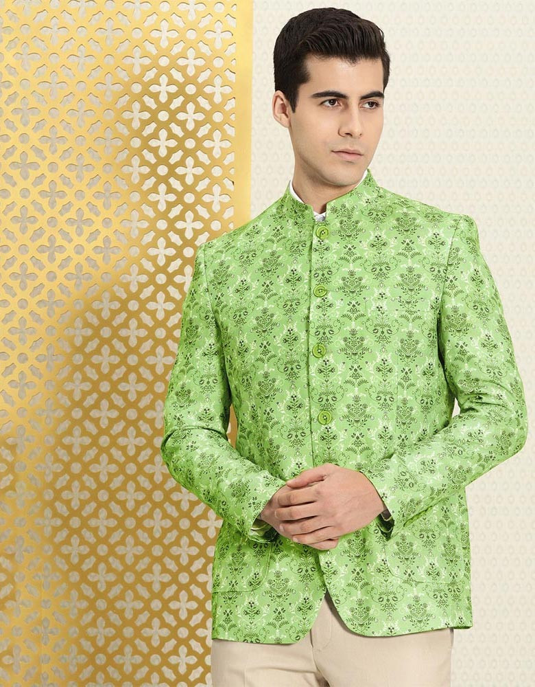 Men Lime Green Ethnic Motifs Printed Linen Bandhgala Ethnic Blazer