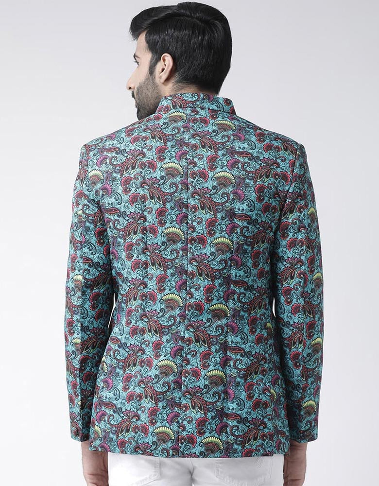 Men Blue Printed Bandhgala Blazer