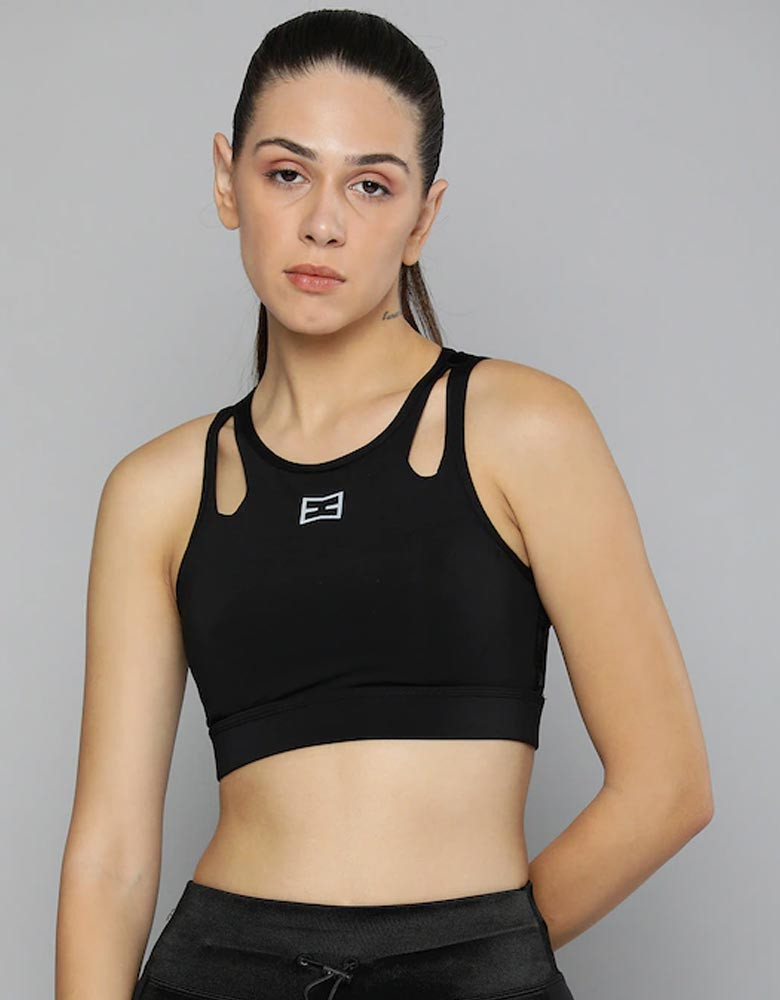 Women Black Rapid-Dry Solid EDGE Sports Bra