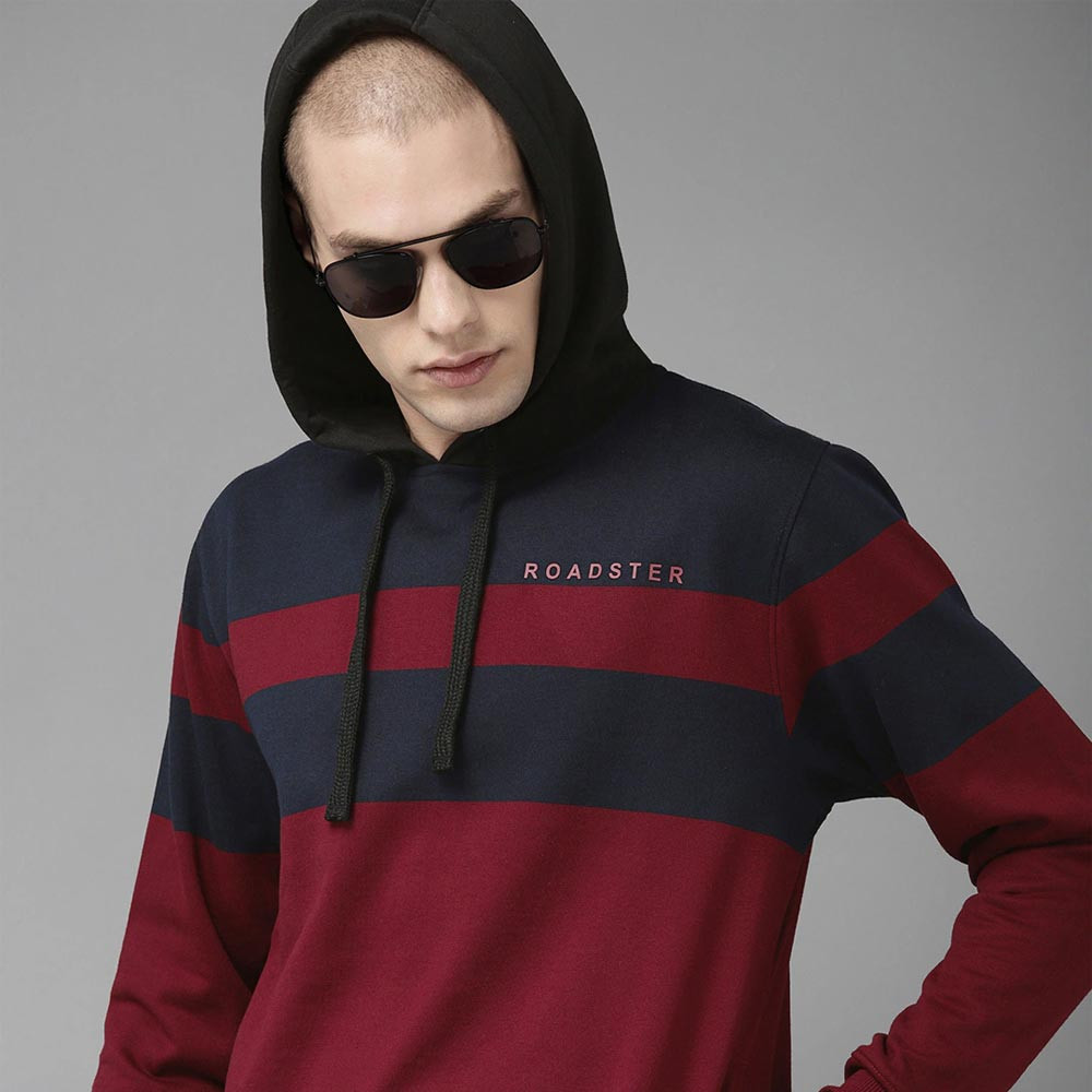 The Lifestyle Co Men Burgundy & Navy Blue Striped Hooded Sweatshirt