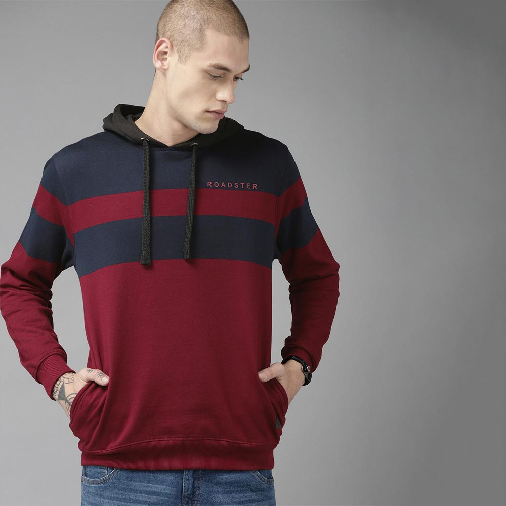 The Lifestyle Co Men Burgundy & Navy Blue Striped Hooded Sweatshirt