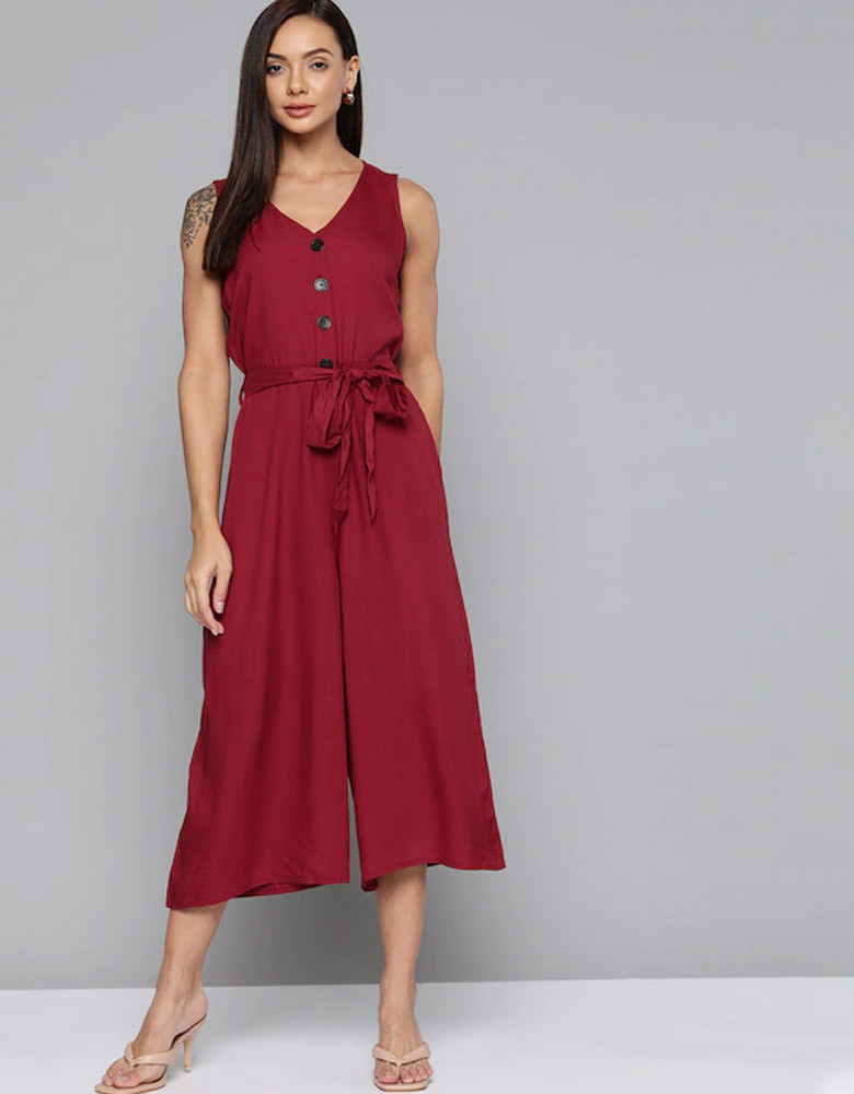 Maroon Solid Culotte Jumpsuit with Belt