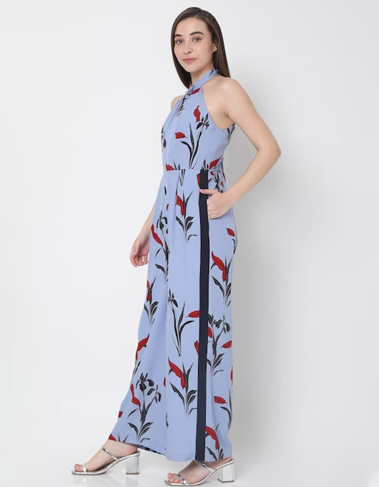 Women Blue Floral Print Halter Neck Jumpsuit