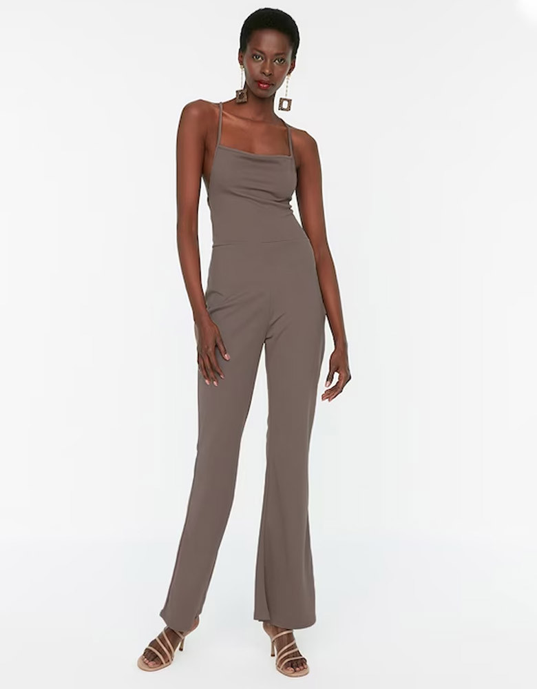 Brown Solid Shoulder Straps Basic Jumpsuit