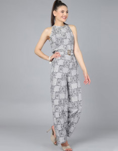 Grey & White Geometric Printed Basic Jumpsuit