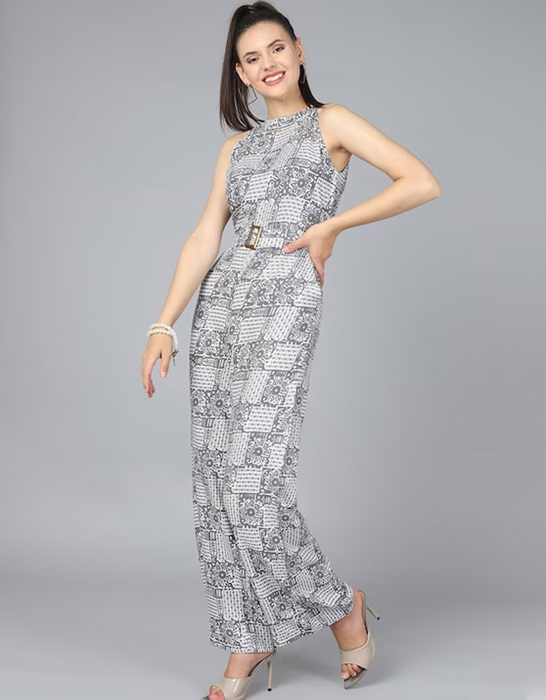 Grey & White Geometric Printed Basic Jumpsuit