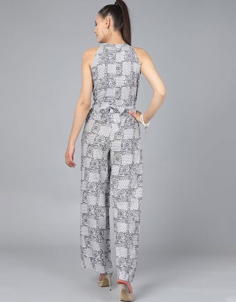 Grey & White Geometric Printed Basic Jumpsuit