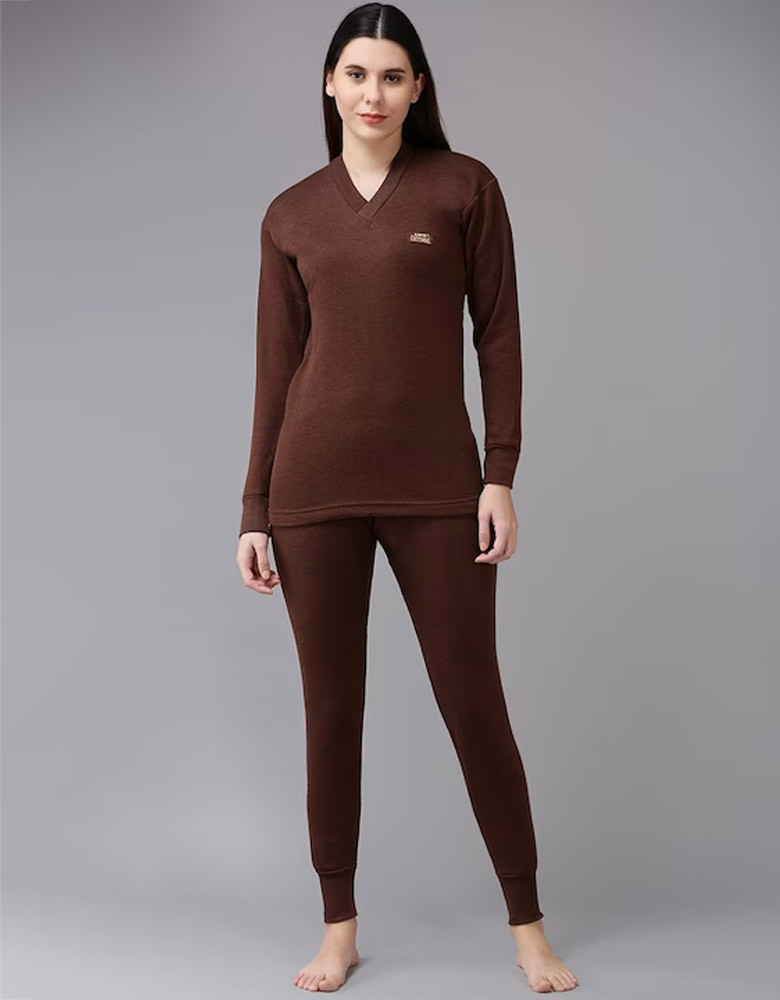 Women Brown Solid Woolen Thermal Set