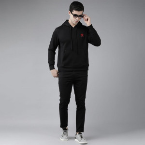 Men Black Solid Hooded Sweatshirt