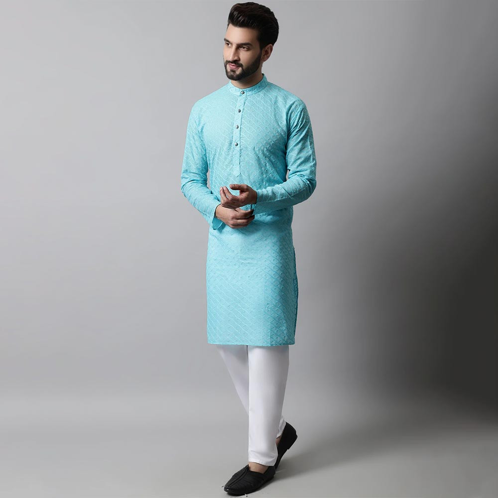 Men Turquoise Blue & White Self Design Kurta with Pyjamas