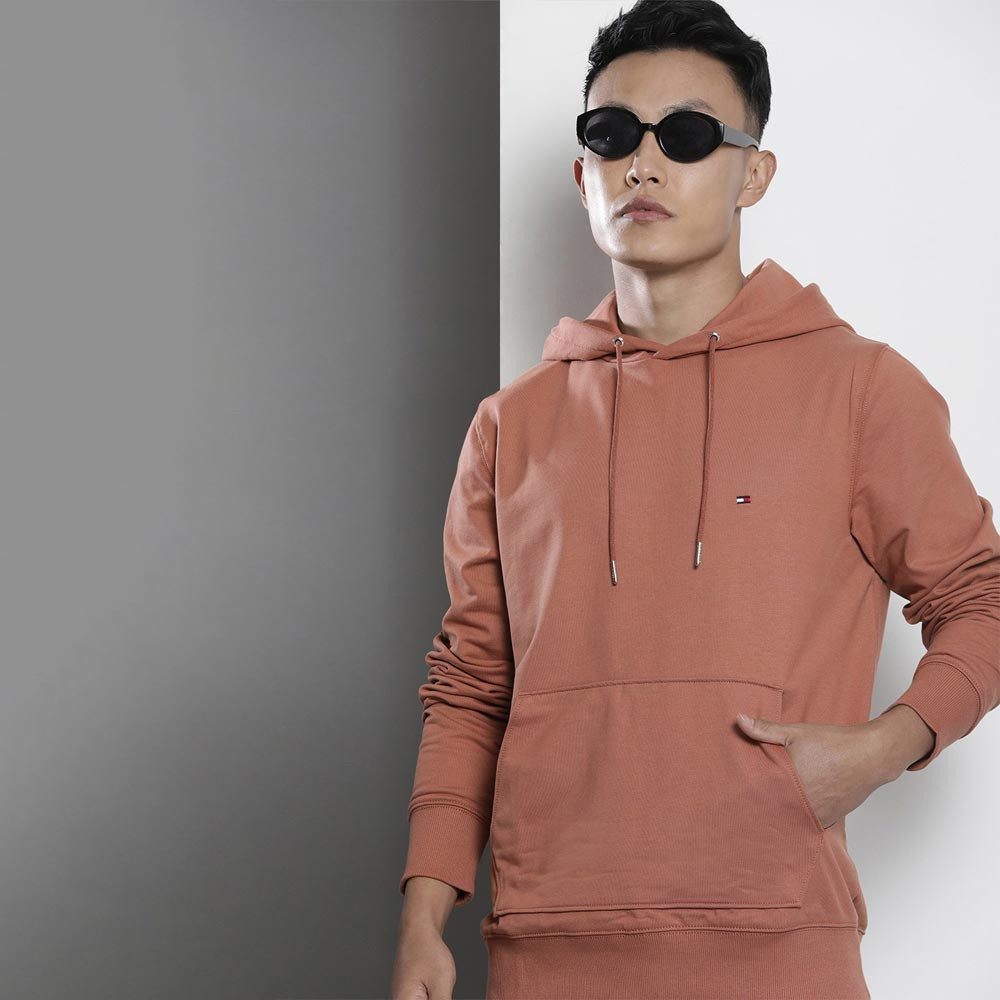 Men Rose Solid Hooded Casual Sweatshirt