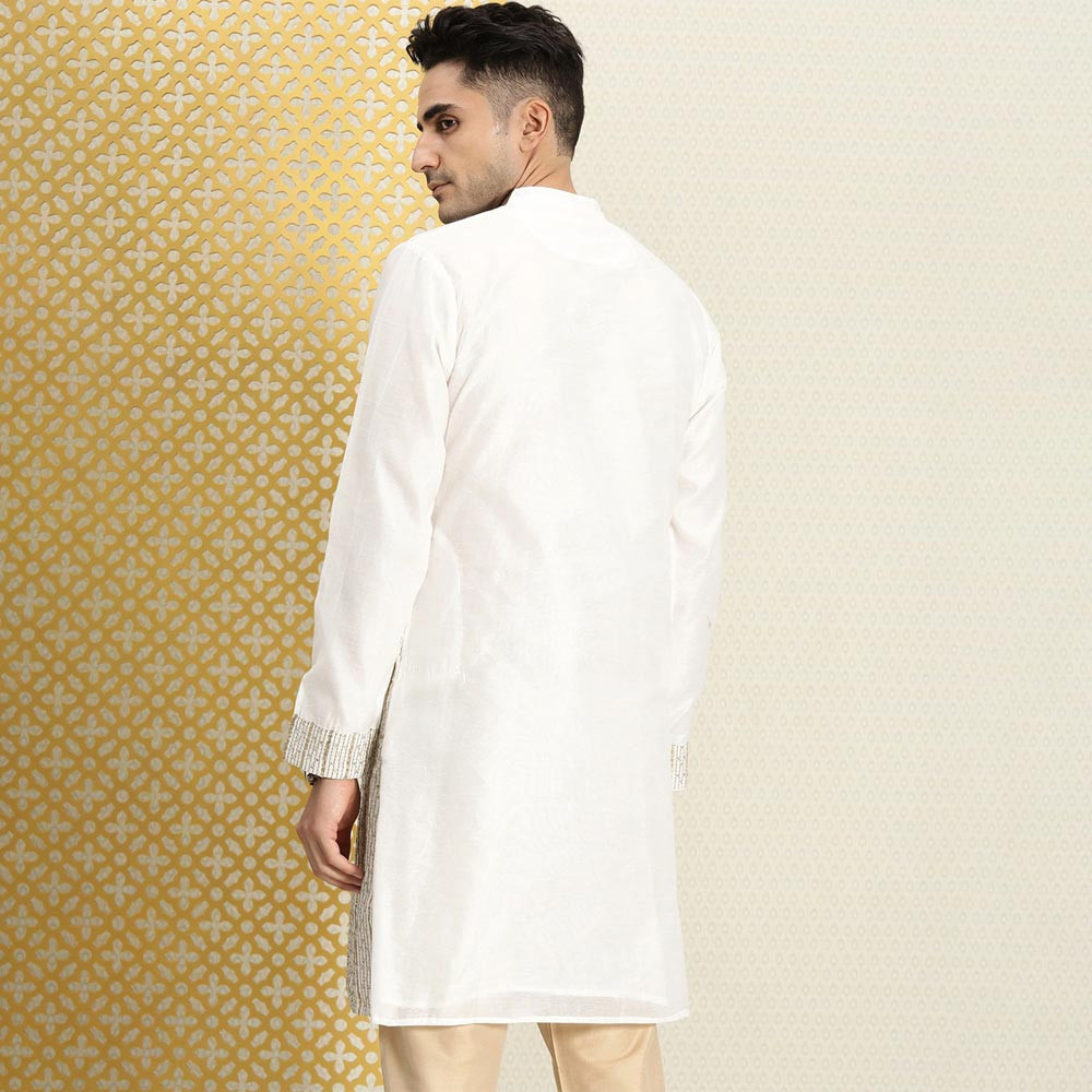 Men White & Gold-Toned Striped Jashn Straight Kurta