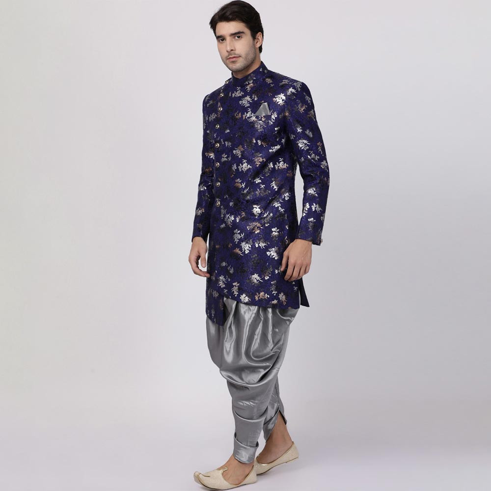 Men Blue & Grey Floral Printed Asymmetric Silk Sherwani With Dhoti Pants