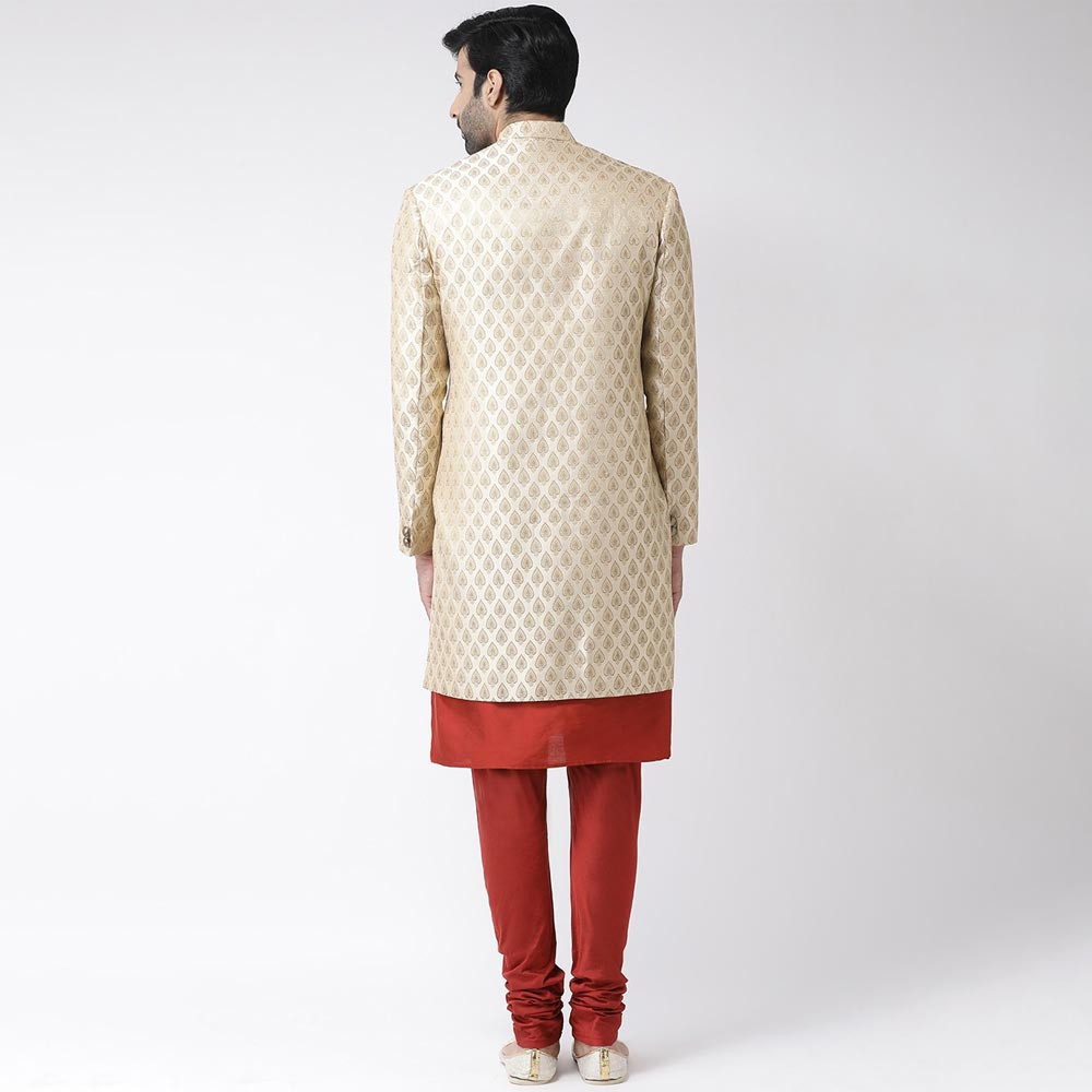 Men Cream-Coloured & Red Printed Sherwani Set