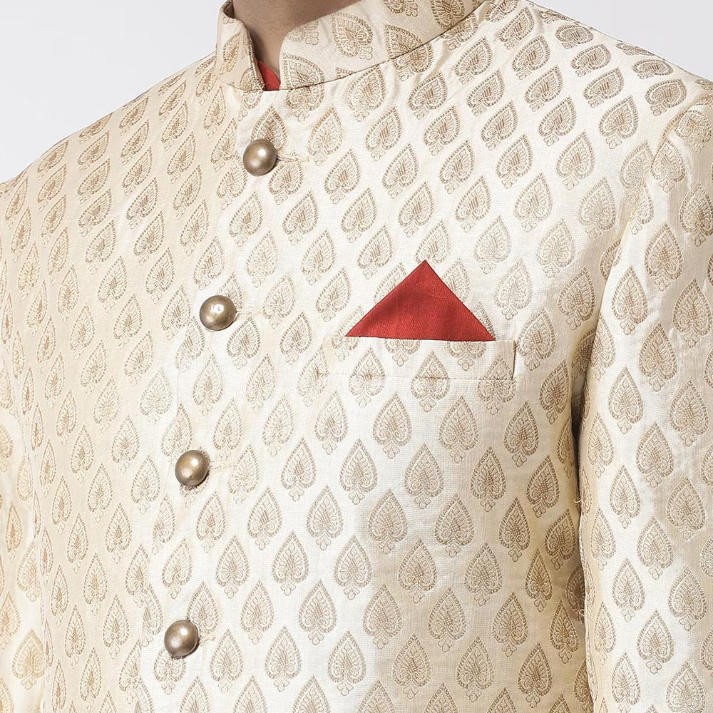 Men Cream-Coloured & Red Printed Sherwani Set