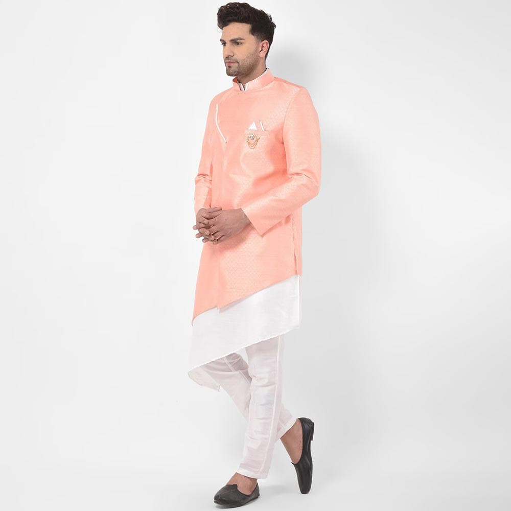 Men Peach-Coloured & White Solid Sherwani Set