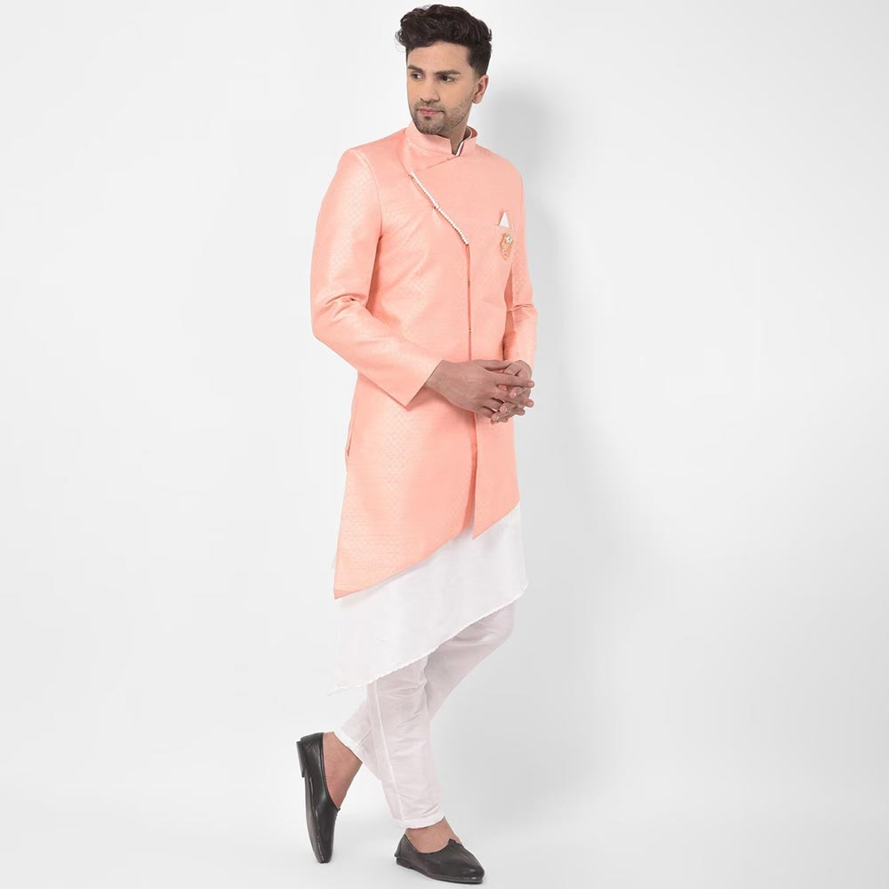 Men Peach-Coloured & White Solid Sherwani Set